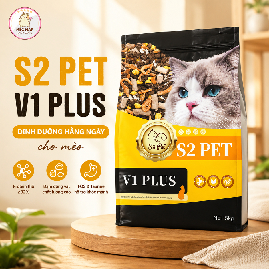 [5kg] Hạt Mèo S2PET S2 PET V1 PLUS  Siêu Topping 32% Đạm - Mọi Lứa Tuổi - Kích Thích Thèm ă