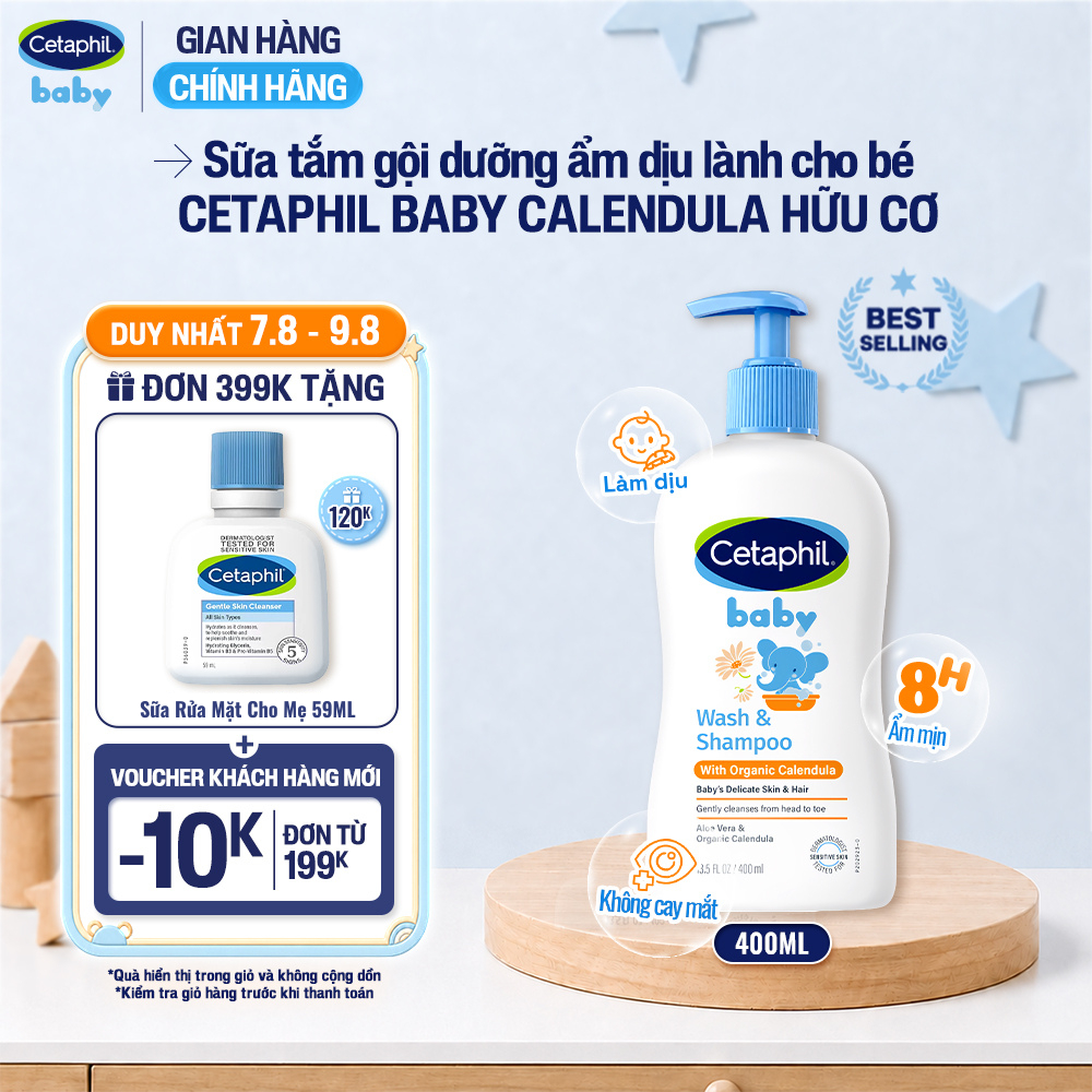 Sữa tắm gội dưỡng ẩm dịu lành cho bé với Calendula hoa cúc hữu cơ CETAPHIL BABY W&SHAMPOO CALENDULA 400ML