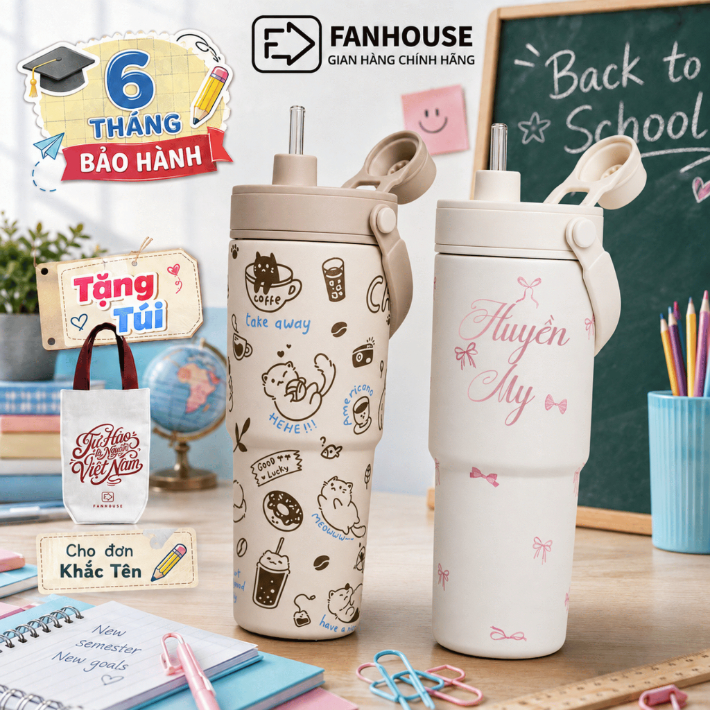 Ly giữ nhiệt Simply Inox 316 Phủ Sứ 735ml ống hút thủy tinh, cốc giữ nhiệt Fan House khắc tên