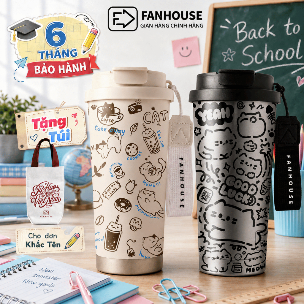 Bình giữ nhiệt Latte Cup inox 316 phủ sứ, ly giữ nhiệt Fan House 530ml có 2 kiểu uống, quai xách | BigBuy360 - bigbuy360.vn