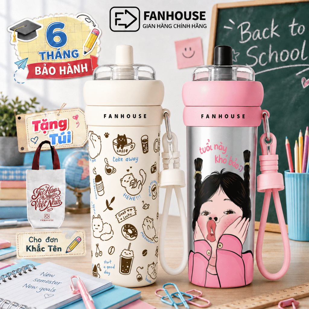 Bình giữ nhiệt Milky Tea Inox 316L phủ sứ 700ml, Ly nước giữ nhiệt Fan House ống hút trà sữa