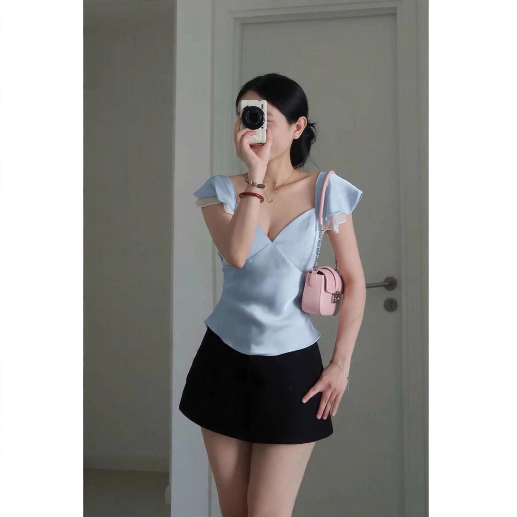 Áo lụa tay bèo cổ V, áo lụa chiết eo phong cách thanh lịch_AO019