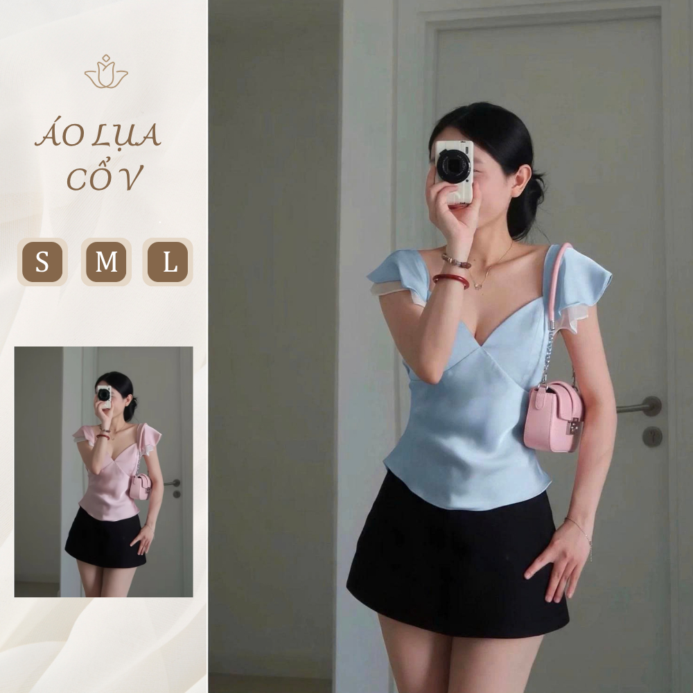Áo lụa tay bèo cổ V, áo lụa chiết eo phong cách thanh lịch_AO019