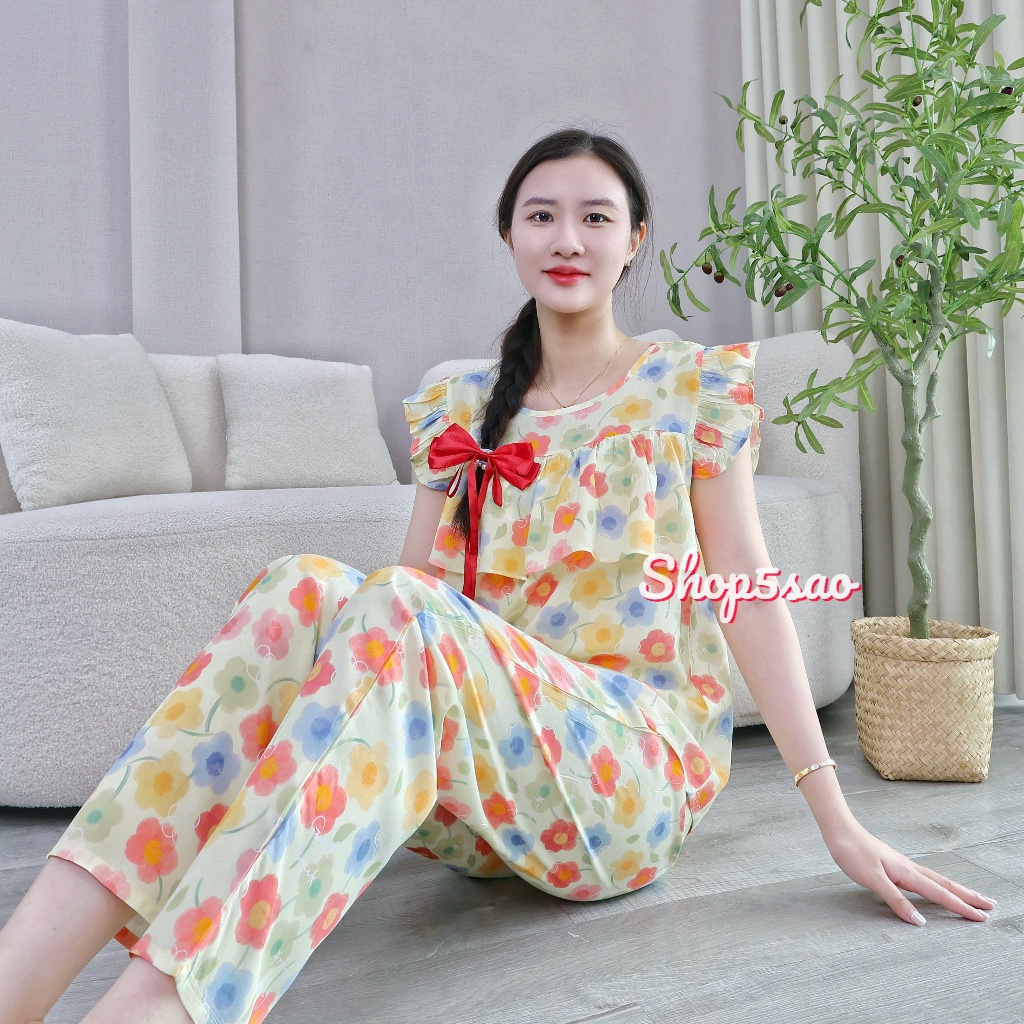 Đồ bộ tole lanh nữ mặc nhà quần dài, áo cánh tiên có bèo ngực SHOP5SAO (43-75kg)