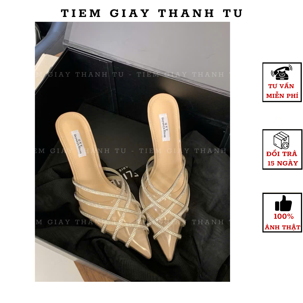 19 [TIEMGIAYTHANHTU] Guốc Nữ Gót Nhọn Quai Trong Đính Đá Lưới Mũi Nhọn GYY Hàng QC Fullbox