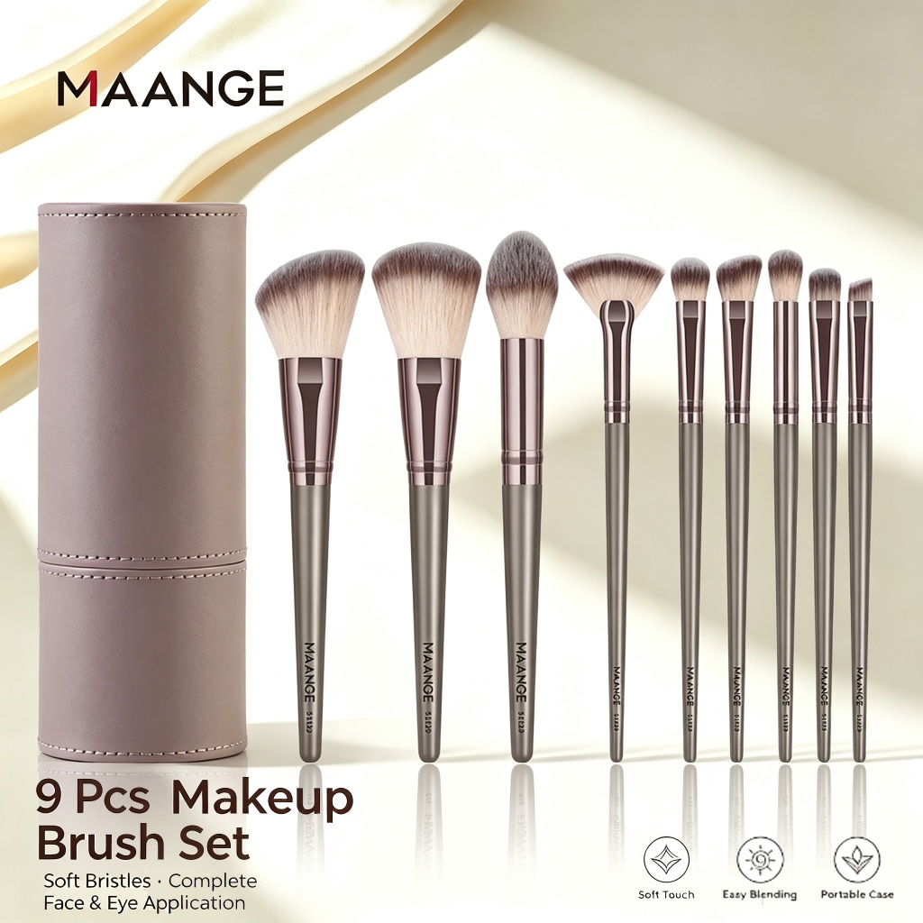 MAANGE Bộ cọ trang điểm chuyên nghiệp 9 cây kèm hộp bảo quản cọ trang điểm chuyên dụng bằng da 51129