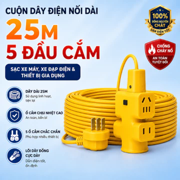 Cuộn Dây Điện Nối Dài 25m 5 Ổ Cắm 2A, Ổ Điện Kéo Dài Dạng Cuộn Dùng Gia Đình Công Trình