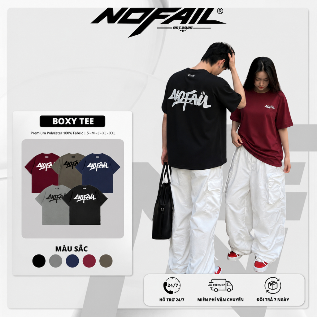 Áo Thun Form Boxy Nam Nữ Unisex Local Brand " No Fail ", Áo Polyester Cổ Tròn - A02