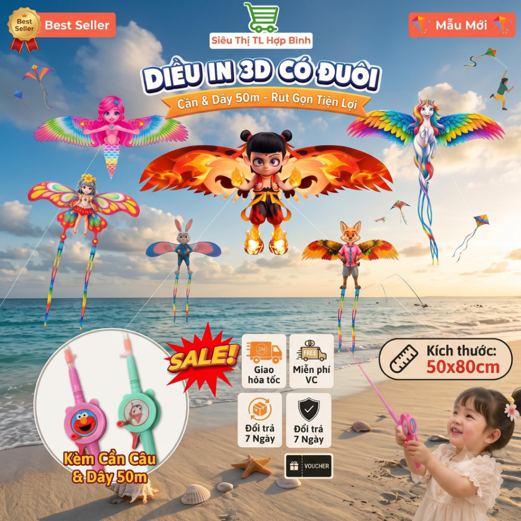 Diều Mini 3D Hoạt Hình Sắc Nét 50Cm – Có Cần Câu + Dây Thả 50m, Đồ Chơi Ngoài Trời An Toàn Cho Bé