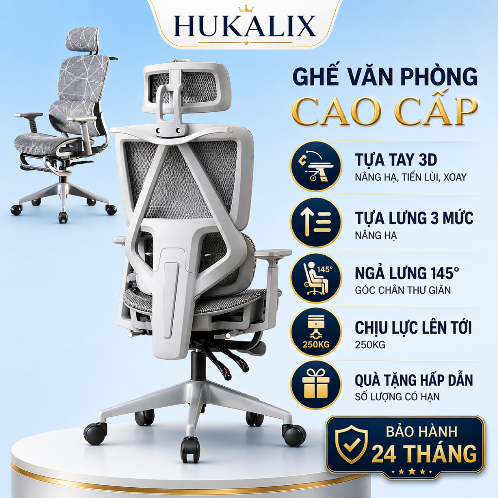 Ghế Công Thái Học Vân Rồng, Ghế Văn Phòng Công Thái Học 3D, Ghế Ngồi Làm Việc Công Thái Học Ngả 145° Hukalix