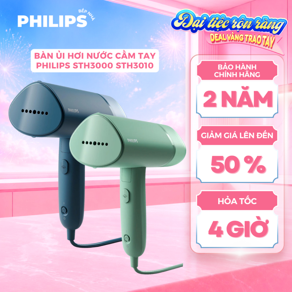 Bàn Ủi Hơi Nước Cầm Tay PHILIPS STH3010 STH3000 (1000W) Mặt Đế Ủi Nhựa, Gấp Gọn, Ngăn Nước Tháo Rời