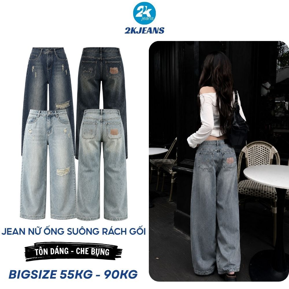 [DEAL SỐC] Quần Jean Nữ Bigsize QC629 Ống Suông Rách Gối Thêu Mèo Túi Sau 55-90kg 2KJEANS