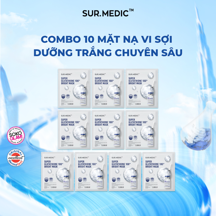 Combo 10 Mặt Nạ Vi Sợi Dưỡng Trắng Chuyên Sâu SUR.MEDIC+ Super Glutathione 100 Bright Mask 30g