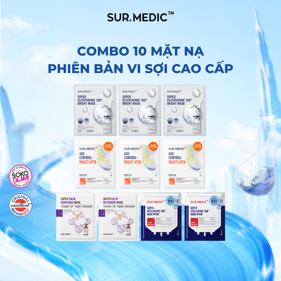 Combo Mix 10 Mặt Nạ Vi Sợi Hỗ Trợ Chăm Sóc Vấn Đề Da Chuyên Biệt SURMEDIC+ Dưỡng Sáng, Phục Hồi, Cấp Nước & Trẻ Hoá 30g