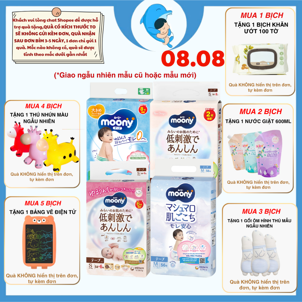 Tã/Bỉm Moony dịu nhẹ quần, dán đủ sizeNB60/S54/M46/L38/L36/XL32 cho bé 0-22kg MECAHEO