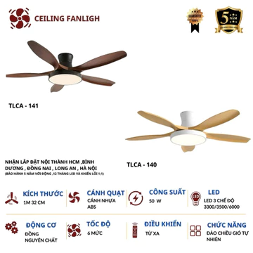 Quạt trần 5 cánh bản đèn lớn dành cho trần thấp hoặc chung cư sải cánh 1m32 cánh nhựa ABS động cơ dc 6 số