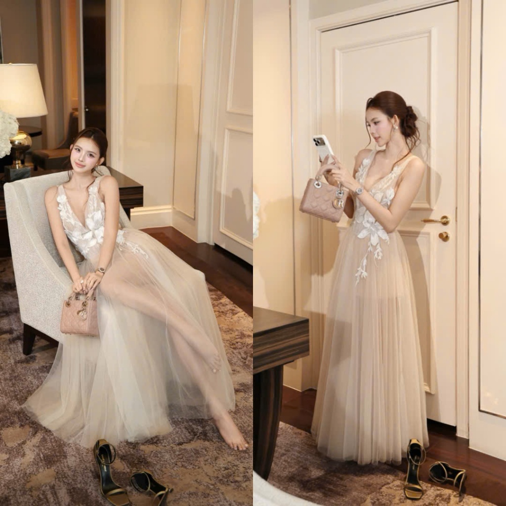 Đầm Ren Cổ V Hoa 3D Phối Voan Lưới Dài Sang Trọng
