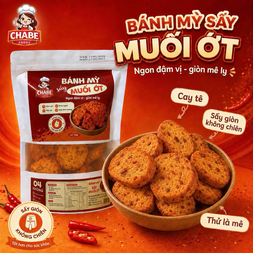 [HOẢ TỐC HN] Bánh Mì Sấy CHABE FOODS Vị Muối Ớt 300gr – Giòn Tan, Cay Ngon, Ăn Vặt Hot Trend