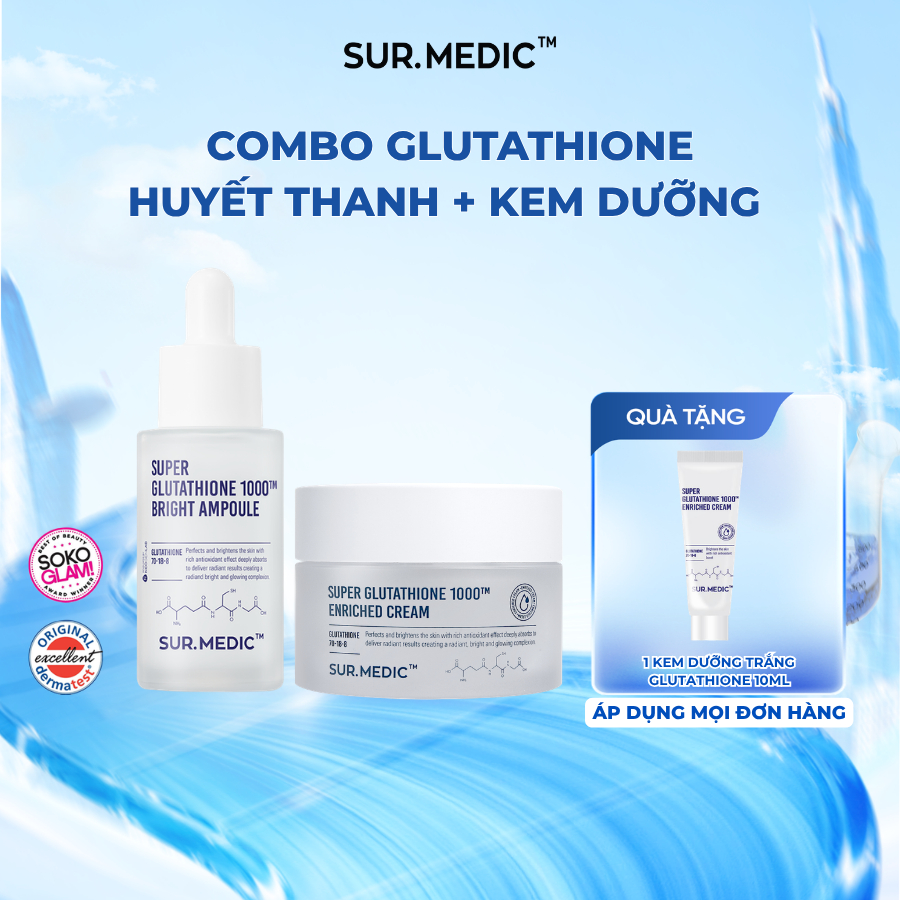 Combo Dưỡng Trắng Kép Tối Ưu SUR.MEDIC+ Huyết Thanh 32ml & Kem Dưỡng Căng Bóng Super Glutathione 50ml