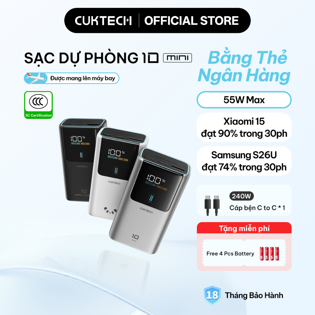【Được chứng nhận CCC】CUKTECH Mini 55W Sạc Nhanh 10000mAh Pin Sạc Dự Phòng Xiaomi 55W Max Samsung 45W iP16/15/14