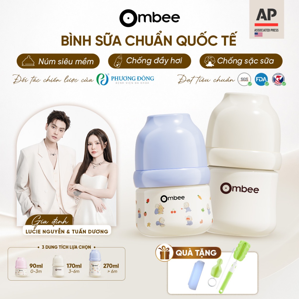 Bình Sữa Ombee Chất Liệu PPSU Cổ Rộng Chống Sặc Chống Đầy Hơi Núm Ti Mềm Mô Phỏng Tự Nhiên 90ml/170ml