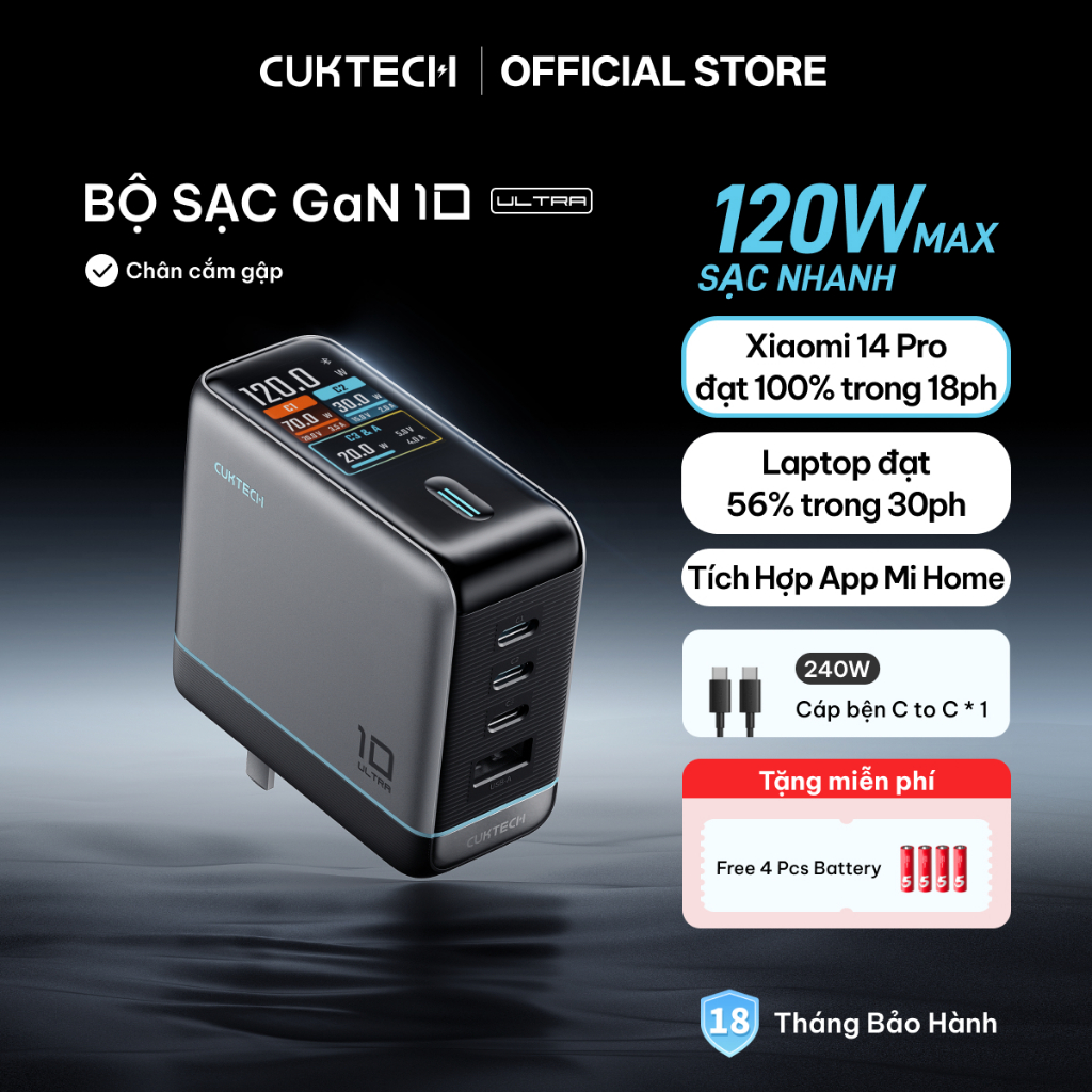 Củ Sạc Nhanh CUKTECH GaN 120W 4 Cổng Điều Khiển App Mi Home Cho Laptop/iP 17/16/15 Pro Max/Xiaomi 17/Samsung S26