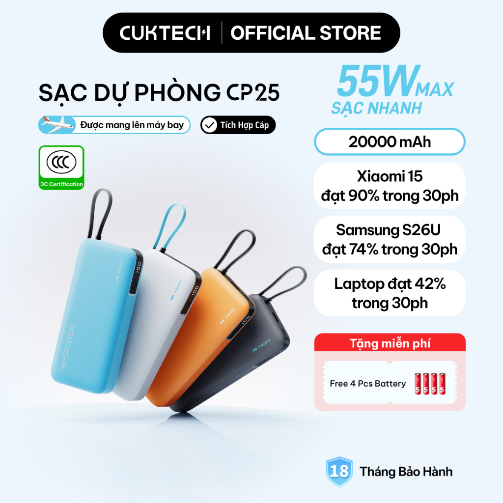 【Được chứng nhận CCC】CUKTECH Sạc Nhanh 55W 20000mAh – Tích Hợp Dây, Hỗ Trợ Xiaomi 55W Samsung 45W Laptop 45W iP 17/16/15 | BigBuy360 - bigbuy360.vn