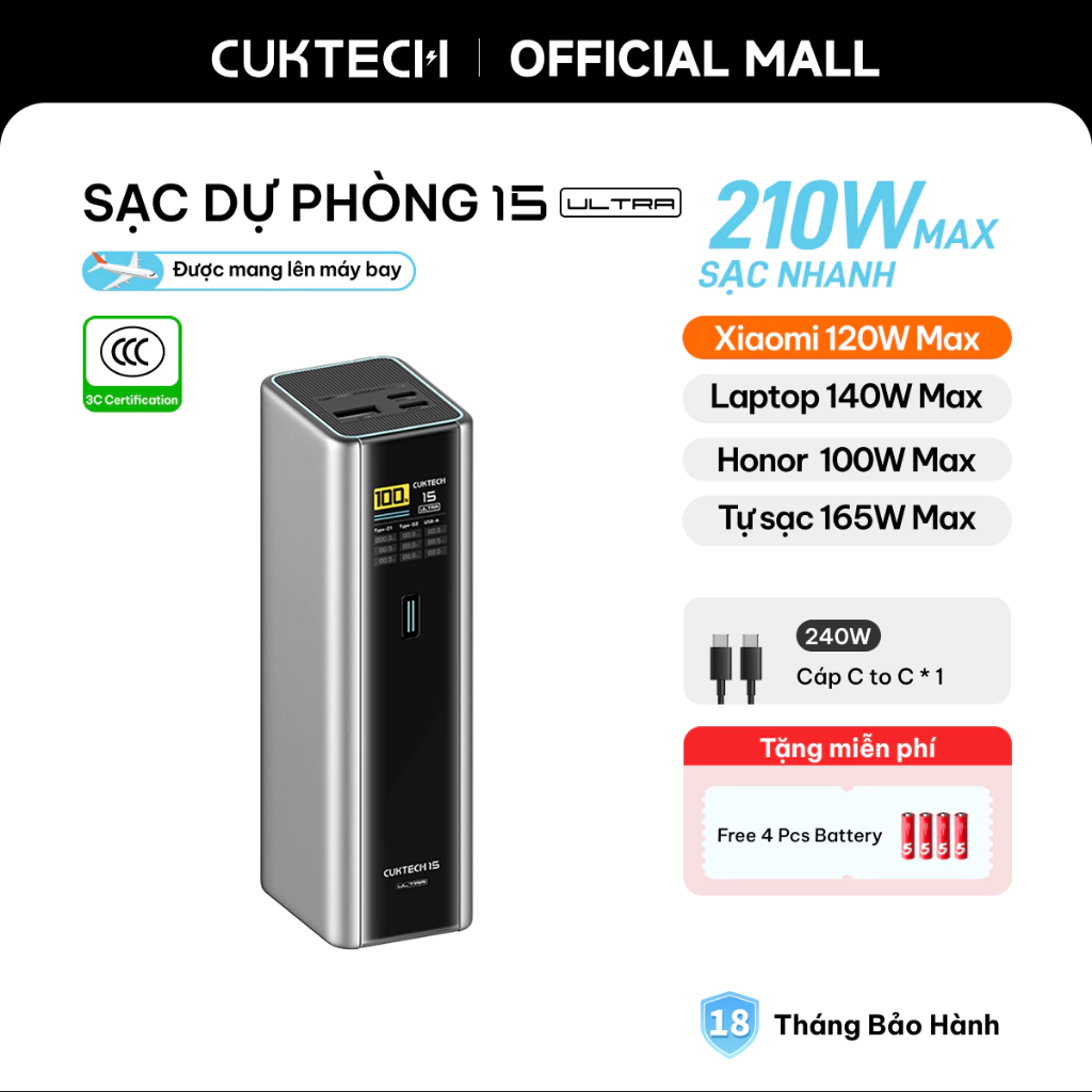 Sạc dự phòng CUKTECH 15 Ultra 210W 20000mAh
