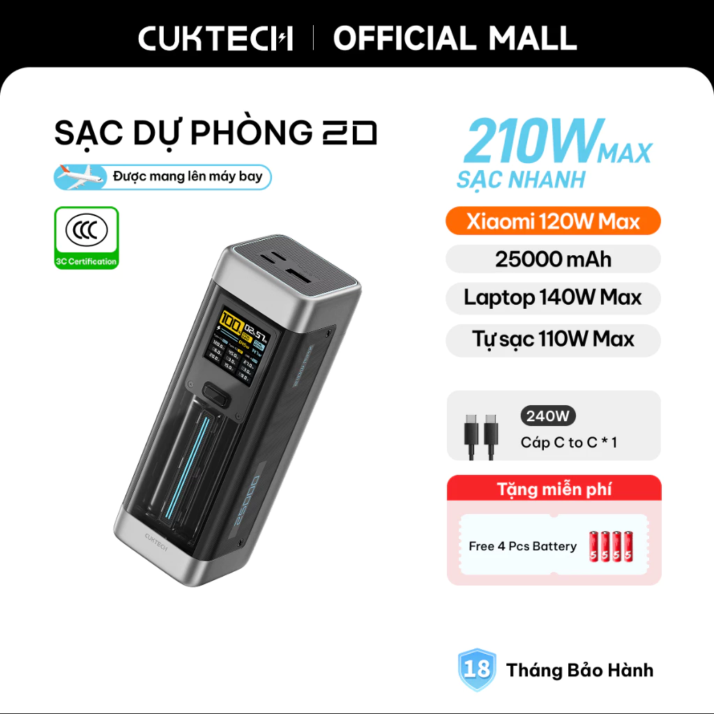 CUKTECH 20 sạc dự phòng 25000mAh 210W