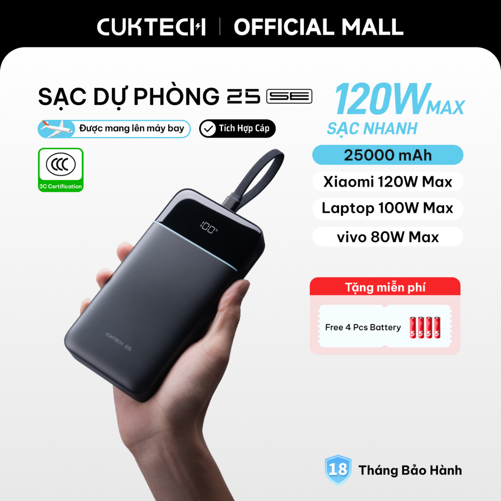 CUKTECH 120W 25000mAh Sạc Nhanh Công Suất Cao Pin Dự Phòng – Hỗ Trợ Xiaomi 120W Laptop 100W Samsung 45W iP16/15/14