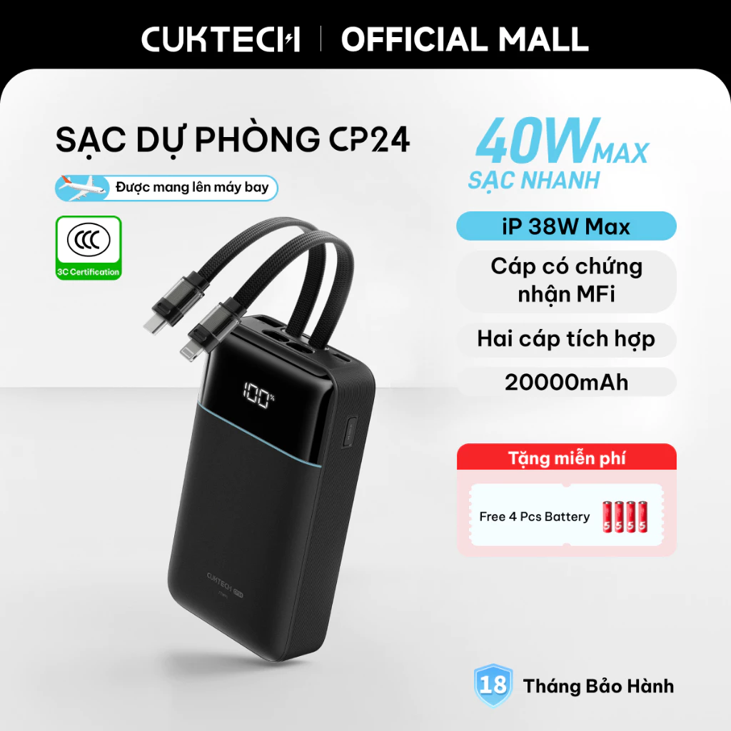 CUKTECH Pin Dự Phòng 20000mAh Sạc Nhanh 40W