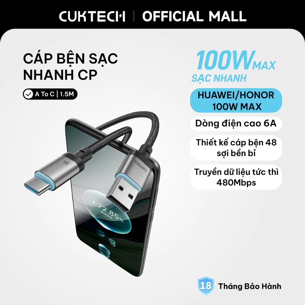 Cáp sạc nhanh CUKTECH USB-A sang Type-C bọc dù 100W 1.5m