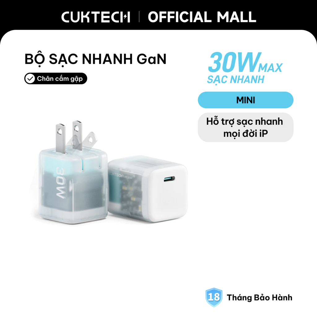 Củ sạc nhanh CUKTECH GaN 30W USB-C nhỏ gọn chân gập