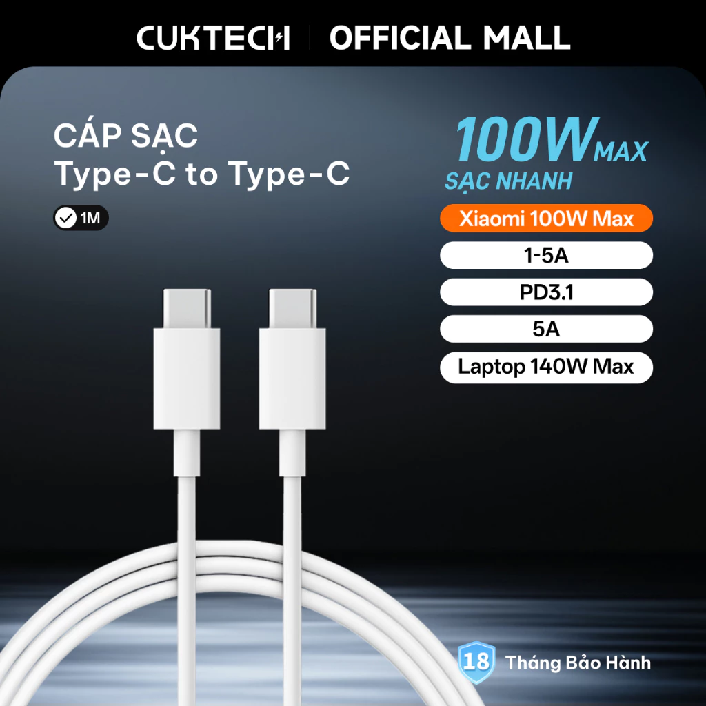 Cáp sạc CUKTECH 100W Type-C to C 1m