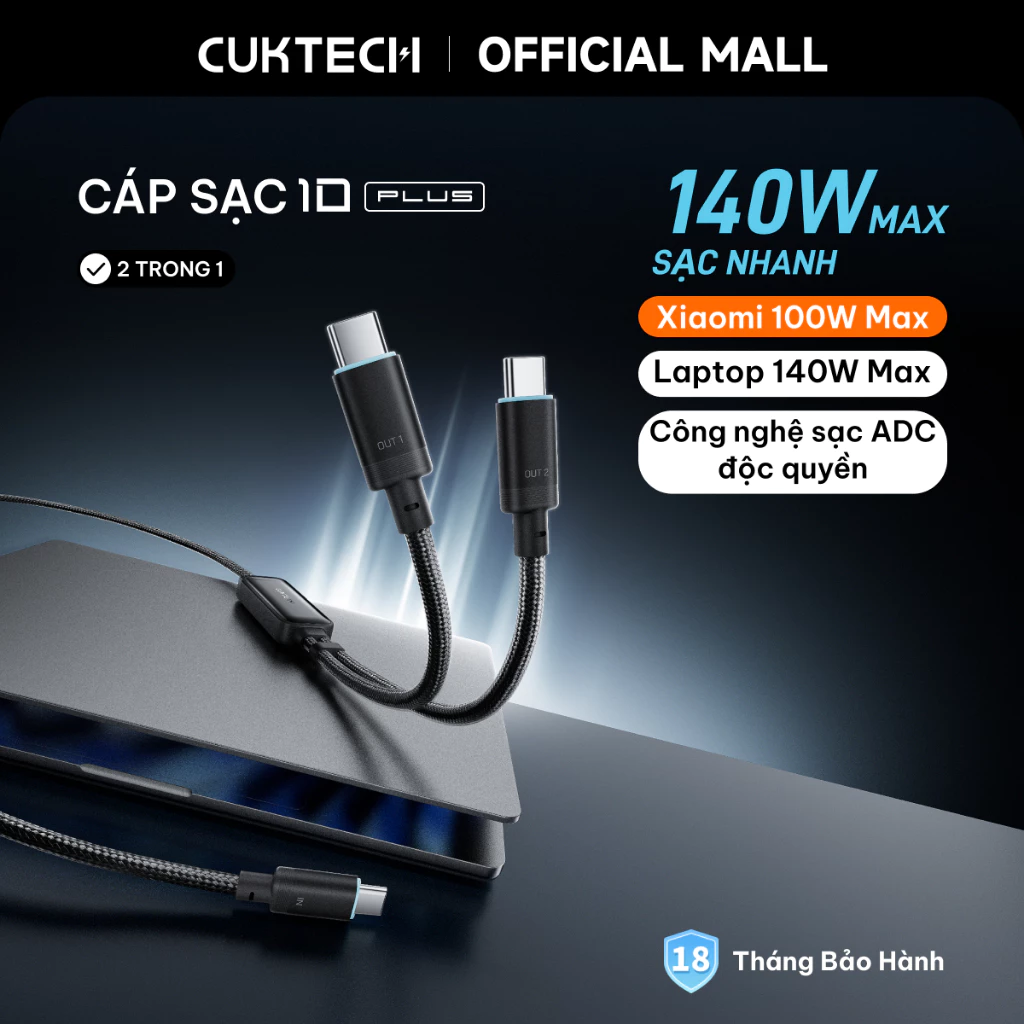 Cáp sạc 2 trong 1 CUKTECH Plus Type-C 140W