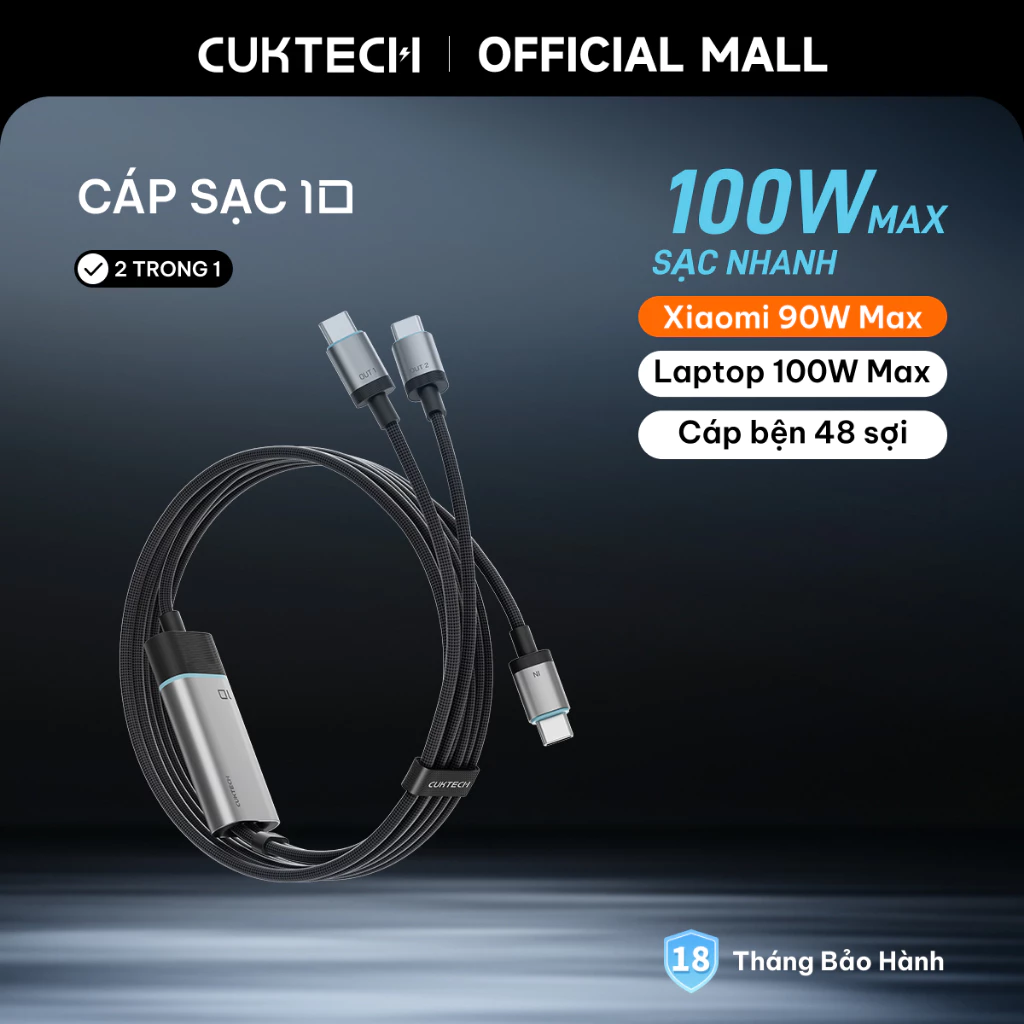 Cáp sạc nhanh CUKTECH 2 trong 1 Type-C to Type-C+Type-C 100W Max