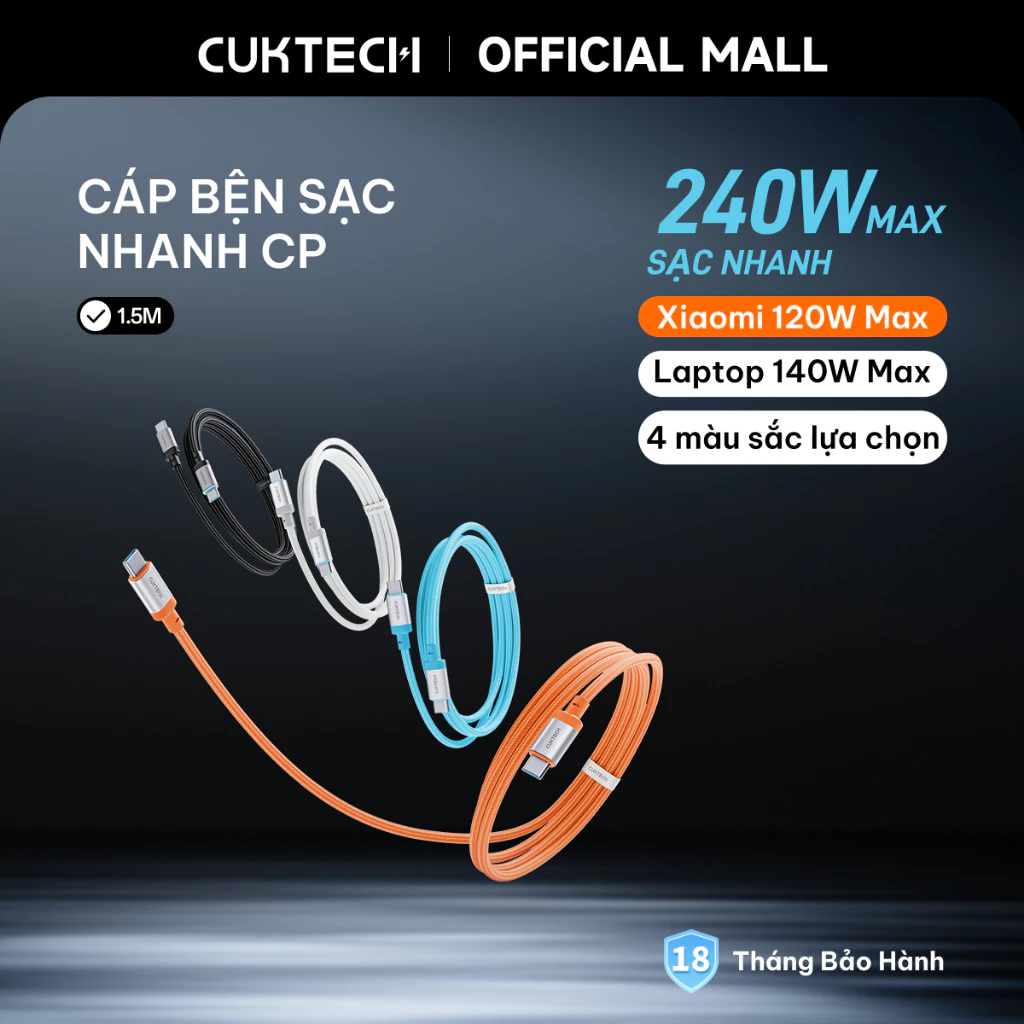 Cáp sạc nhanh CUKTECH CP bọc dù 6A 240W Type-C to Type-C