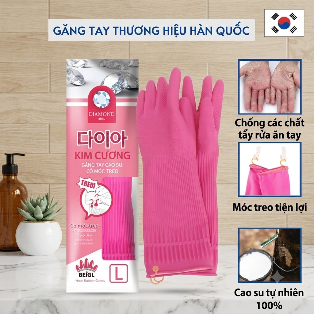 Găng Tay Cao Su Tự Nhiên Hàn Quốc Thương Hiệu BEIGL Có Móc Đủ Kích Cỡ, Cao Su Tự Nhiên