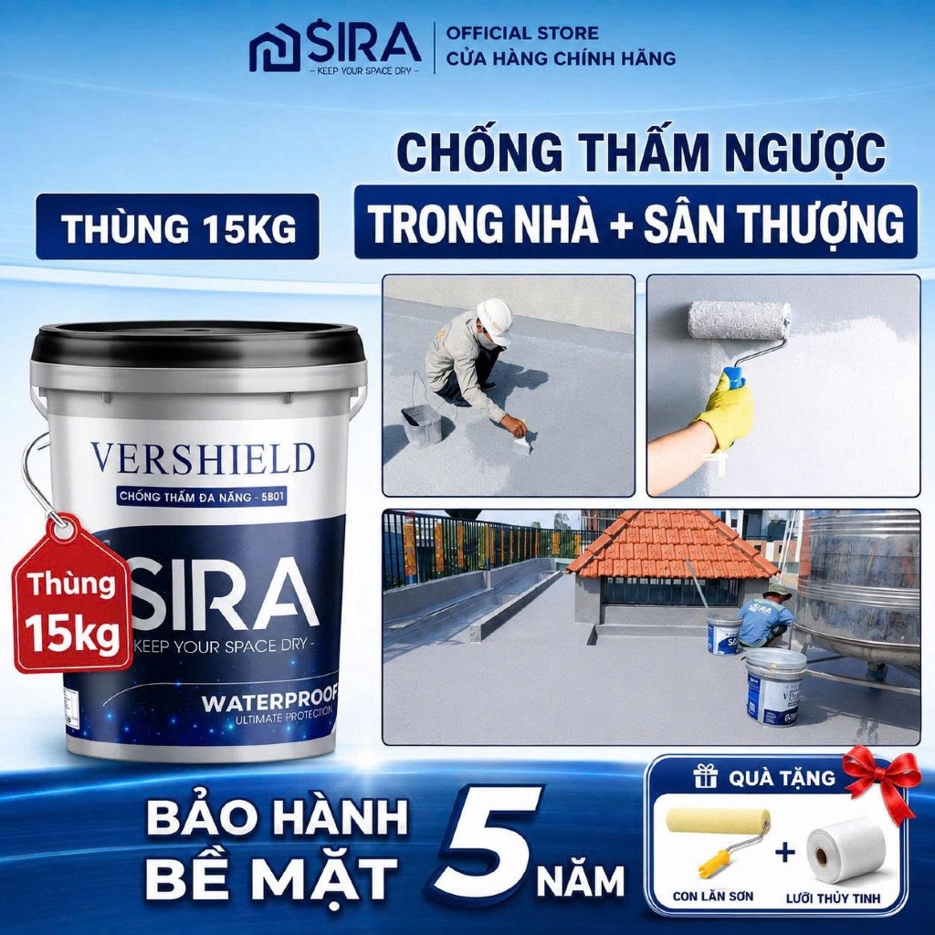 [4kg-15kg] Sơn Chống Thấm Ngược Trong Nhà SIRA SR01 - Sân Thượng, Tường Đứng, Gạch Men Chà Nhám