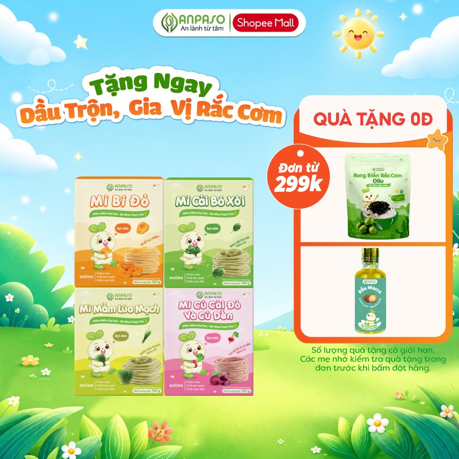 Mì Ăn Dặm cho bé Anpaso -  Đồ Ăn Dặm Cho Bé Vị Rau Củ - Mỳ Cải Bó Xôi Hữu Cơ Organic gói 120g