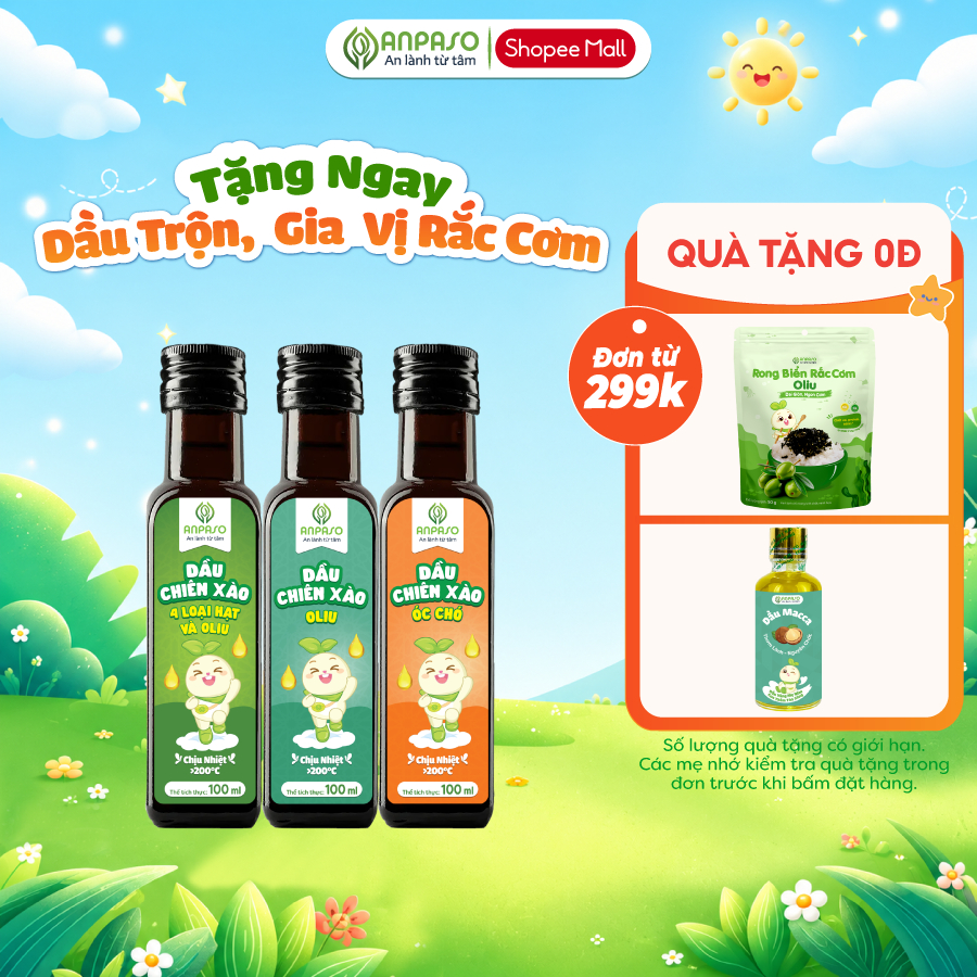 Dầu Chiên Xào Cho Bé Ăn Dặm Anpaso 100ml chịu nhiệt trên 200 độ C - Dầu oliu, óc chó, mix hạt