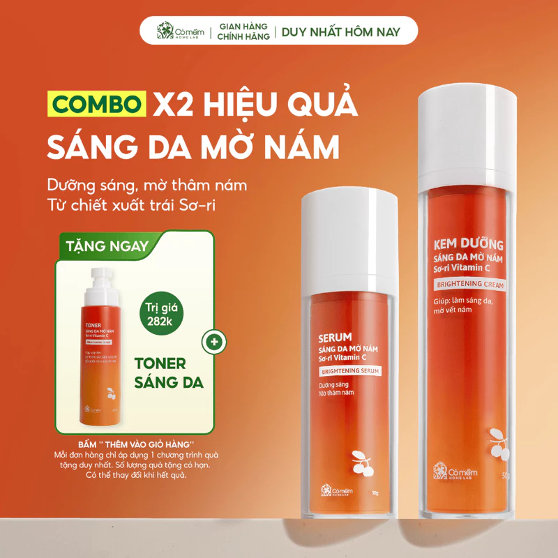 Bộ đôi serum kem dưỡng Vitamin C dưỡng sáng da mờ thâm nám tàn nhang từ trái Sơ-ri Cỏ Mềm — ảnh 1