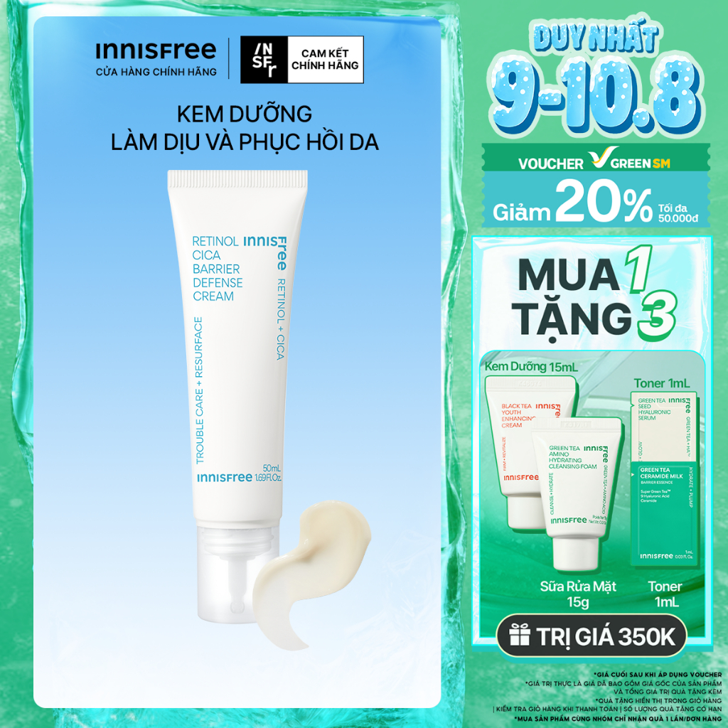 Kem dưỡng làm dịu và phục hồi da INNISFREE Retinol Cica Barrier Defense Cream 50 mL