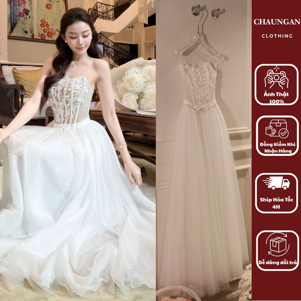 Đầm Maxi Dạ Hội Cúp Ngực Corset Định Hình Đính Hoa Cưới Mini Cúp Ngực Tùng Lưới Dập Ly Thướt Tha