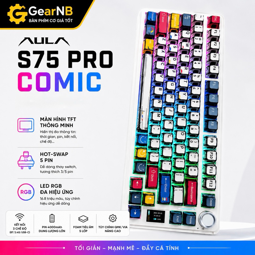 [Hoả Tốc] Bàn phím cơ không dây AULA S75 pro - Có màn led tùy chỉnh - LED RGB xuôi - 3 mode kết nối tiện lợi | BigBuy360 - bigbuy360.vn