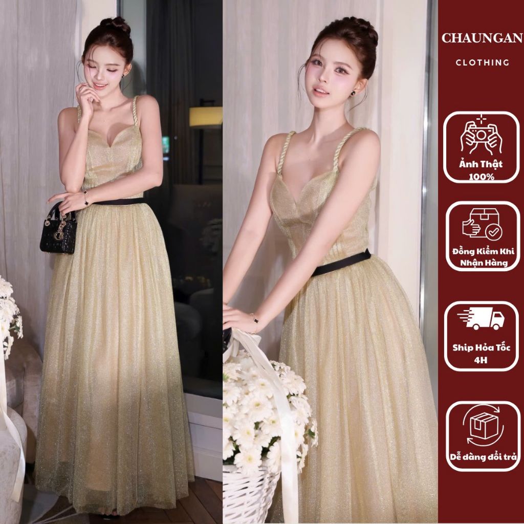 Đầm Dạ Hội Hai Dây Cúp Ngực Ánh Kim Lấp Lánh Maxi Kim Tuyến Cổ V Tùng Xòe Đi Tiệc Sang