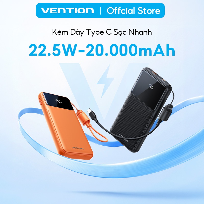 Pin Sạc Dự Phòng 20000mAh Vention 22.5W, Đạt Chuẩn 3C, 2 Cổng USB-A/C Kèm Dây Sạc Type C Màn LED Cho Điện Thoại Laptop | BigBuy360 - bigbuy360.vn