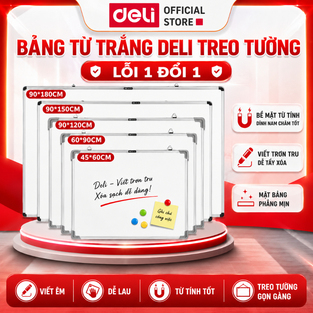 Bảng Từ Trắng Deli Treo Tường Nhiều Kích Thước – Bảng Mica Nam Châm Viết Bút Lông Kèm Khay Đựng