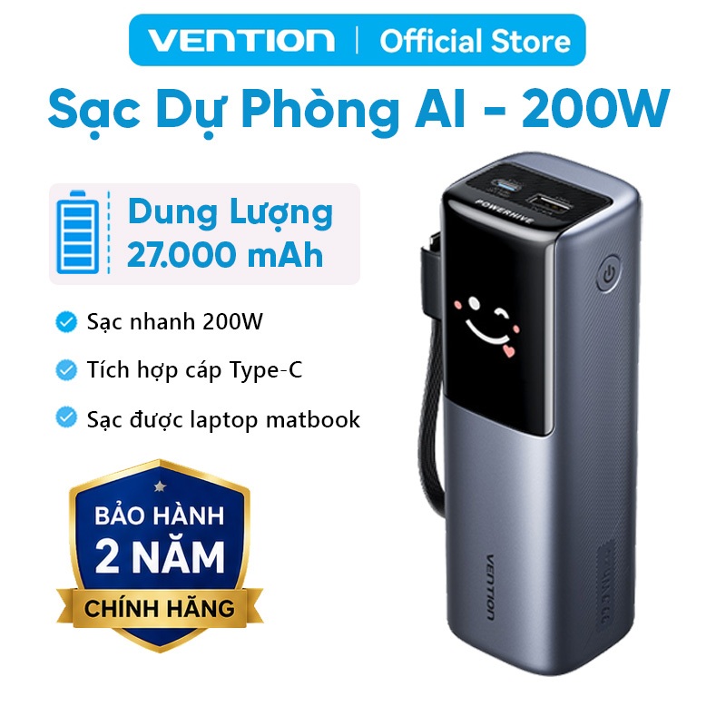 Sạc Dự Phòng 27.000mAh 200W Sạc Thần Tốc, Dây Type-C 240W Tích Hợp, Màn Hình Kỹ Thuật Số TFT AI Mặt Cười, 2 Cổng USB-A/C