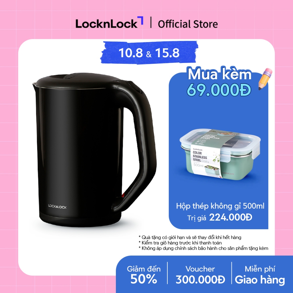 Ấm đun bằng thép không gỉ Lock&Lock, 1.7L màu đen EJK738BLK